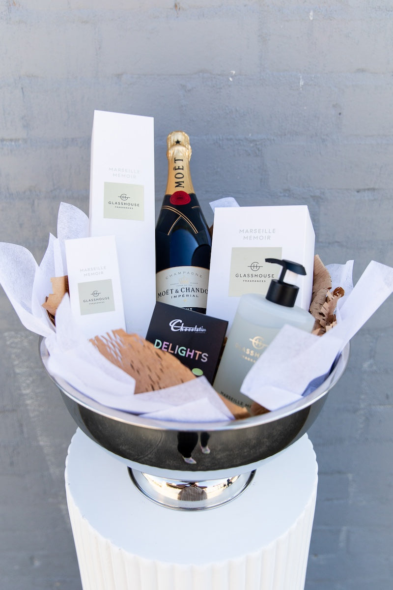 Closer up image of the French Memoir Gift hamper available from Donvale Flower Gallery.