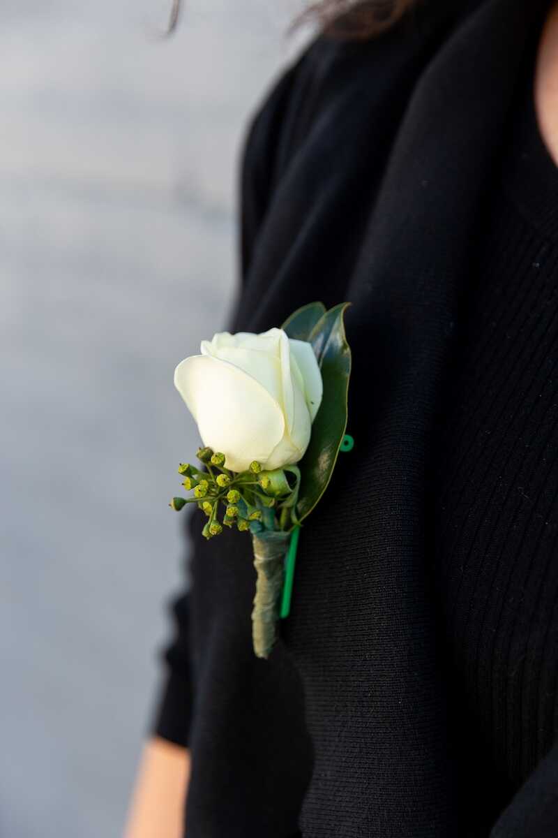 Side view (and close up) of the Rose Buttonhole available to purchase from Donvale Flower Gallery (in-store or online, Melbourne area only).