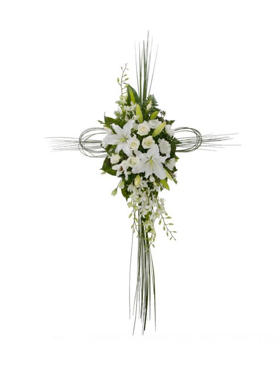 Image of informal cross of flowers available to purchase from Donvale Flower Gallery.