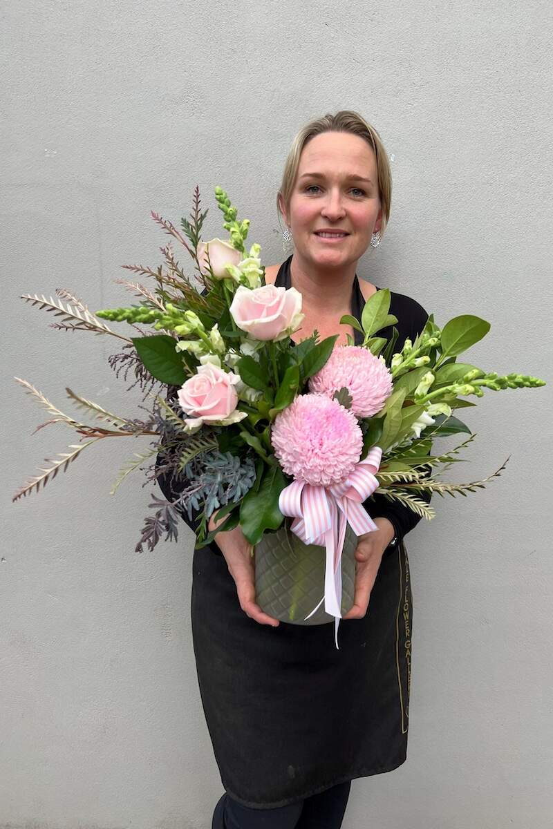 Image of the Leanne Flower Arrangement containing softer coloured blooms. Available to buy from Donvale Flower Gallery.