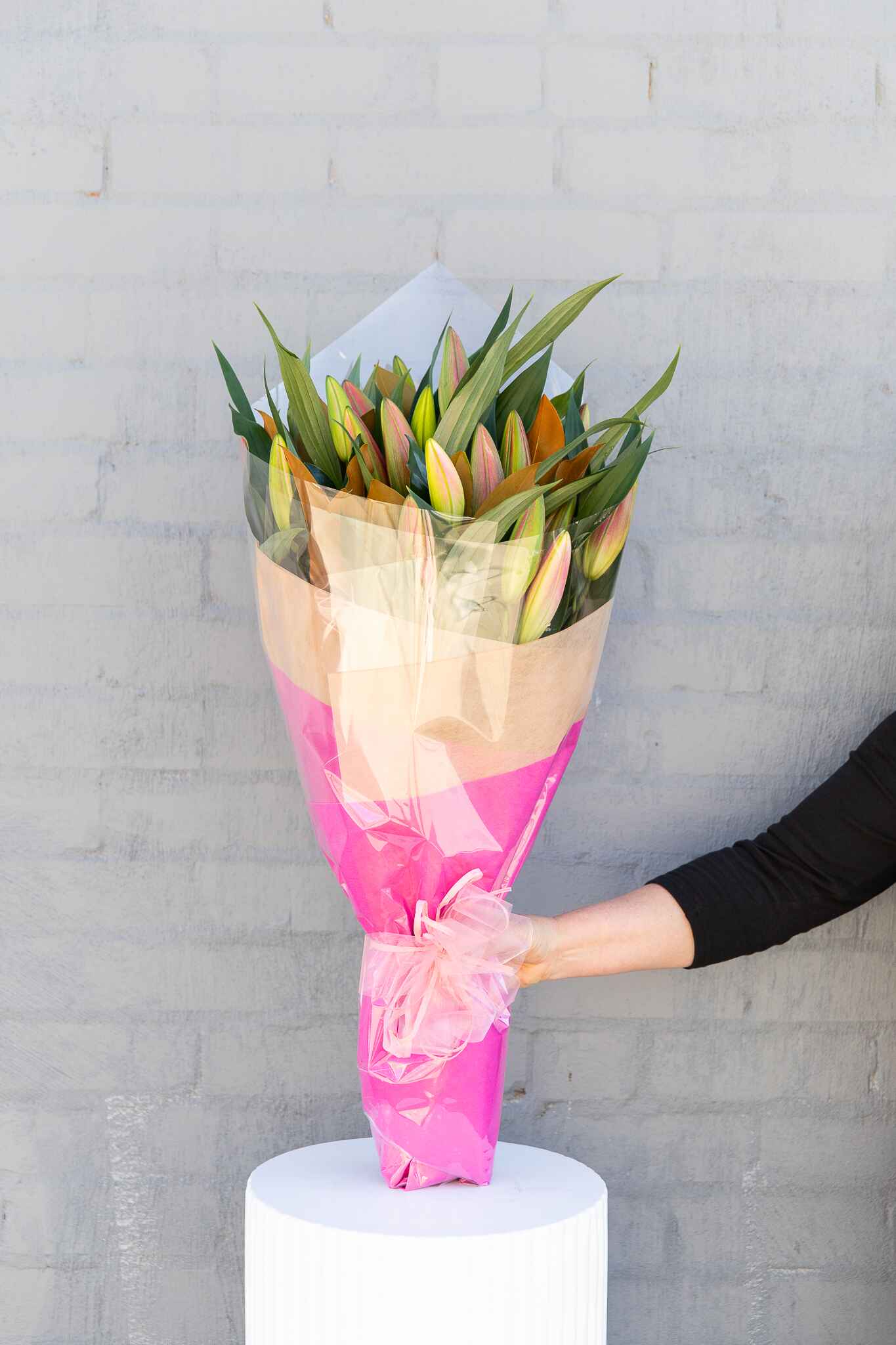 Image of the Lily flower bouquet - features two bunches of premium, locally-grown pink Oriental lillies. Available to buy from Donvale Flower Gallery, Melbourne Victoria (online or in-store).