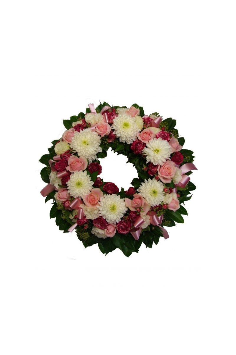 Image of pink flower wreath available to purchase from Donvale Flower Gallery online or in-store (Melbourne, VIC).